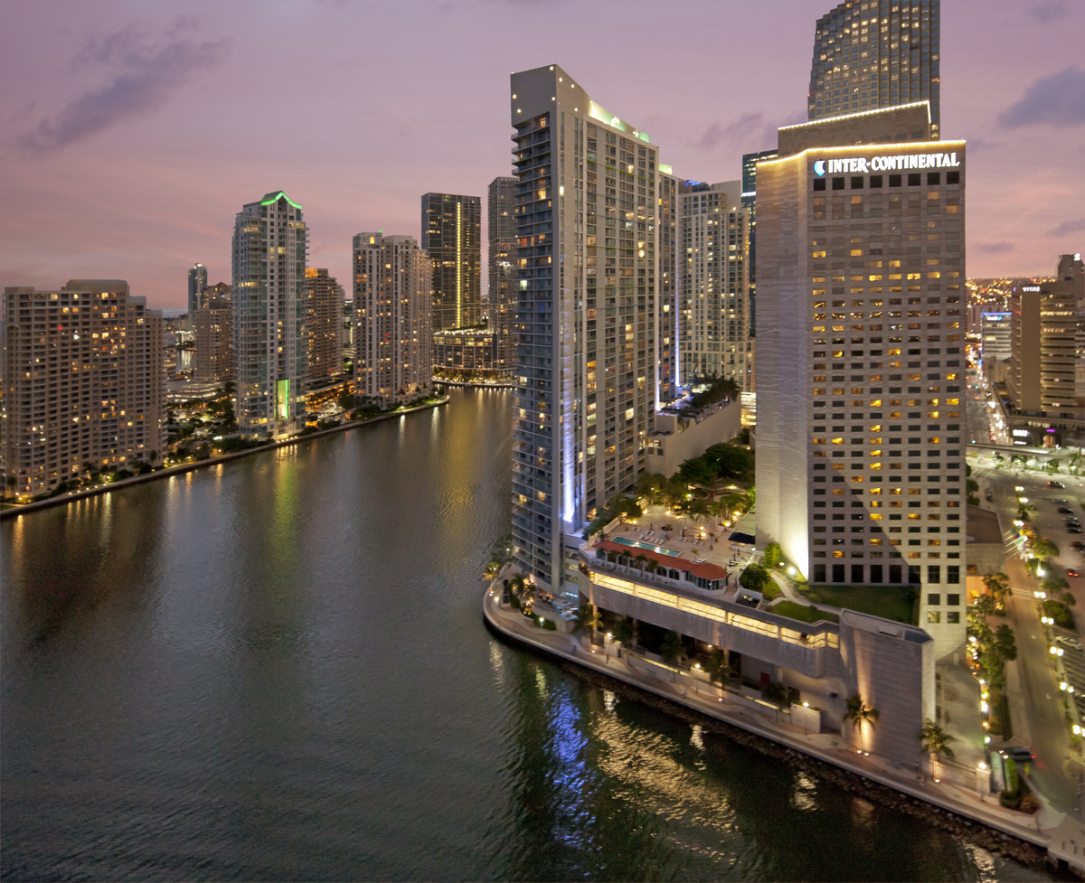 InterContinental Miami and the waterfront at dusk